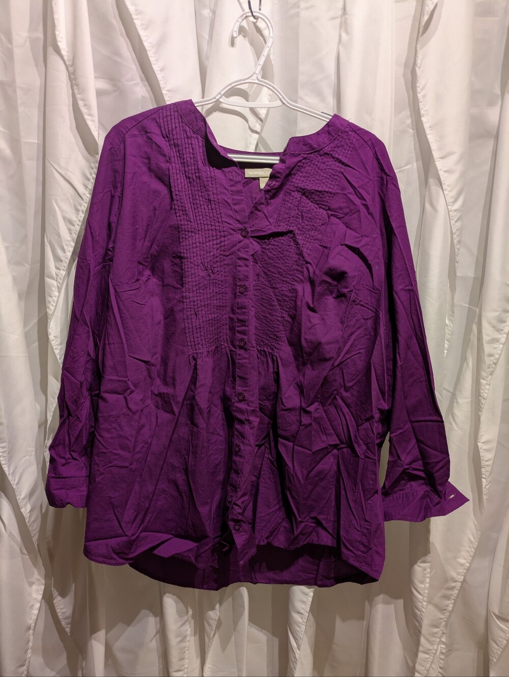 17 Woman Within Purple Pintuck Crinkle Cotton Blouse Tunic Top Plus Size 1X 22/2
